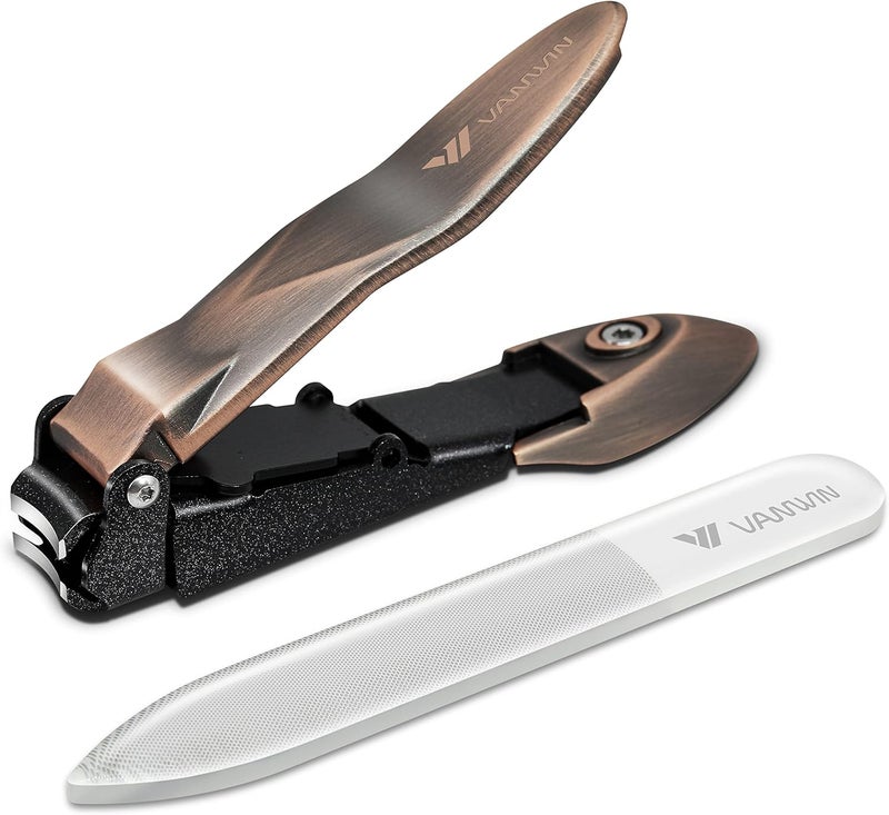 VANWIN Nail Clippers with Catcher, No Splash Fingernail Toenail Clippers with Sharp Curved Blade and Glass Nail File, Wide Jaw Opening Stainless Steel Nail Cutter Trimmer for Seniors Adult Men Women - Image 1